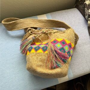 Tan and Yellow Crossbody Bag with Fringe and Geometric Patterns